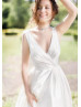 V Neck Ivory Satin Pleated Wedding Dress